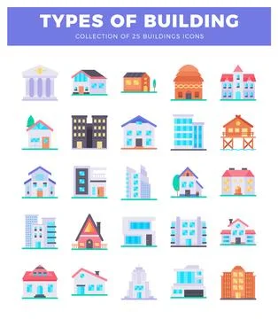 25 distinct flat building icons in a grid formation on a white background. Ilustración de archivo