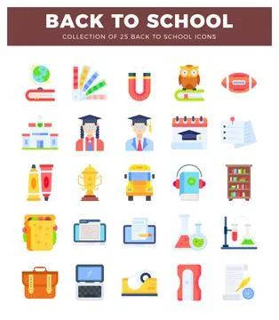 25 diverse back to school flat icons displayed in a grid. symbolizing educa.. イラスト素材