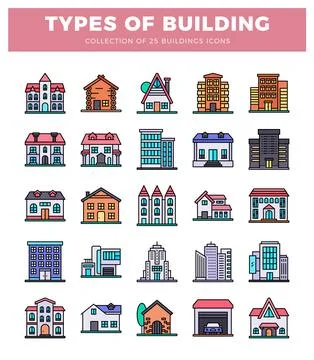 25 diverse building icons arranged on a clean white background Ilustración de archivo
