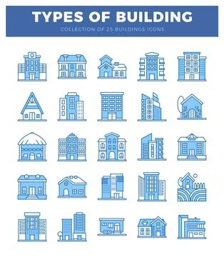 25 diverse building icons in blue and white on a light background. represen.. Ilustración de archivo