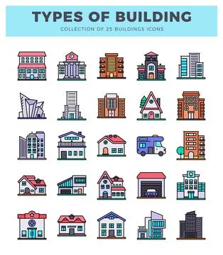 25 diverse building icons in flat design style on white background Stock Illustration