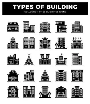 25 diverse building icons set on a white background. graphic design collectio Ilustración de archivo