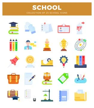 25 diverse school icons presented in a grid layout with a cream background. Stock Illustration
