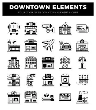 25 Downtown Elements Icons Collection 스톡 일러스트