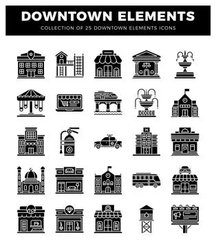 25 downtown elements icons in silhouette style イラスト素材