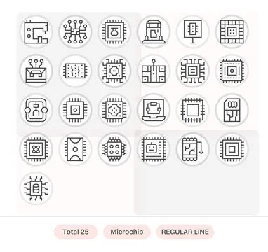 25 Editable Regular Line Vector Icons from Microchip Collection Stock Illustration
