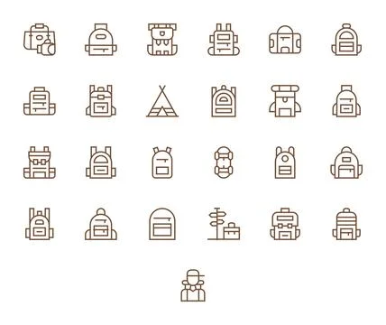 25 Editable Retina Ready Vector Icons for Backpack in elegant Regular Line .. Stock Illustration