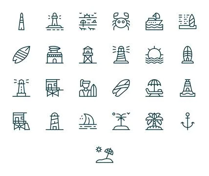 25 Editable Vector Icons themed around Coastal in Retina Ready Regular Line.. Illustrazione stock