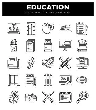 25 education icons set featuring academic and sports school supplies. Stock Illustration