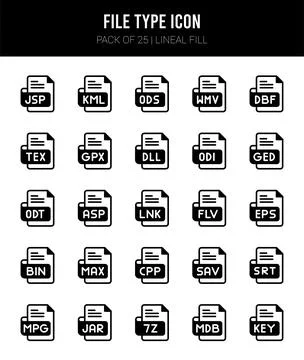 25 File Type Lineal Fill icons Pack vector illustration. Stock Illustration