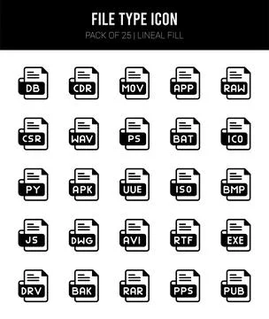 25 File Type Lineal Fill icons Pack vector illustration. Stock Illustration
