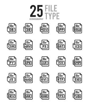 25 File Type Outline icons Pack vector illustration. Stock Illustration