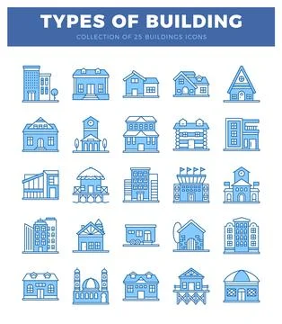 25 flat blue icons of various building types displayed on a white backgroun.. Ilustración de archivo