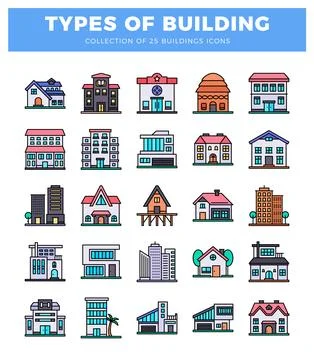 25 flat building icons collection for real estate development and urban pla.. Ilustración de archivo