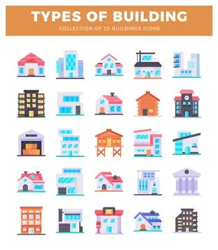 25 flat building icons collection on white background Ilustración de archivo