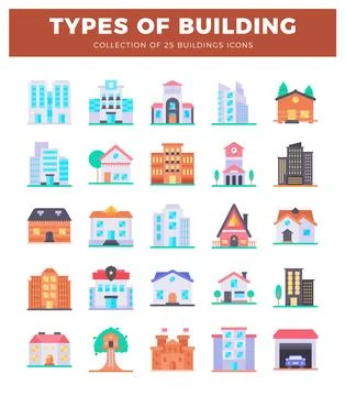 25 flat building icons in a grid. urban and suburban architecture. Stock Illustration