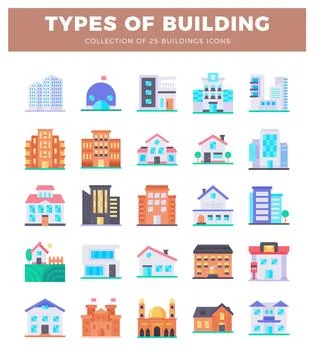 25 flat building icons in a grid with diverse architectural styles Ilustração Stock