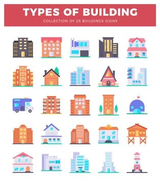25 flat building icons set with diverse architectures and modern apartment .. Stockillustratie