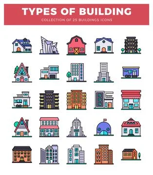 25 flat building icons on white background. collection of houses and skyscr.. Ilustración de archivo