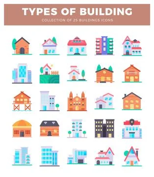 25 Flat Design Building Icons Collage Stock Illustration