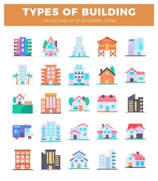 25 flat design building icons showcasing modern and traditional architectur.. Ilustración de archivo