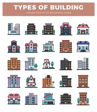 25 flat icons of diverse building types and architectural styles in a colle.. Ilustración de archivo