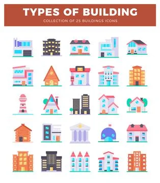25 flat icons showcasing various building types in a grid layout Ilustración de archivo