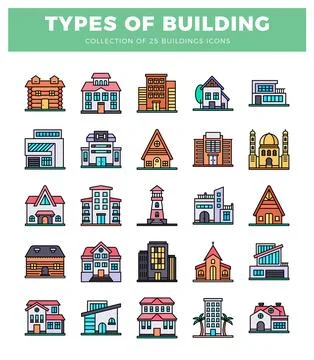 25 flat icons of various building types on white background Ilustración de archivo