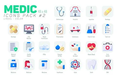 25 Flat Medic Icons Pack #2, Vector Medical Icons Set Color Style Stock Illustration