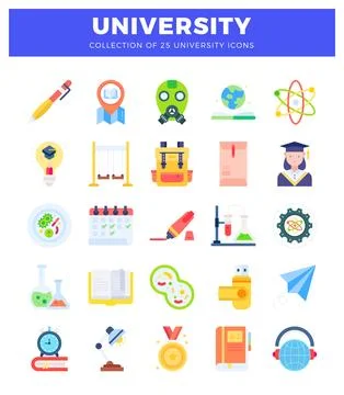 25 flat university icons with educational and scientific elements Stockillustratie