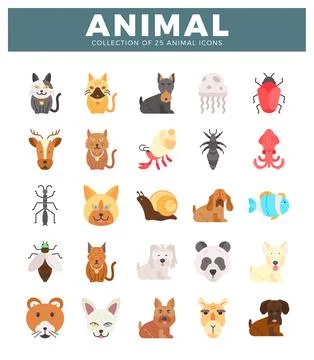 25 flat vector animal icons in a grid Stock Illustration