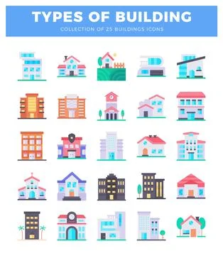 25 flat vector building icons showing different architectural styles for ur.. Illustrazione stock