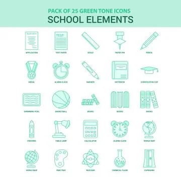 25 Green School Elements Icon set Stock Illustration