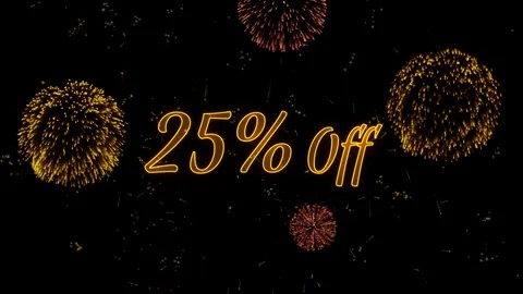25 Off Greeting text with particles, colored fireworks, sparks and stars Stock Footage 99063506