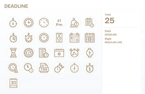 25 Grid Fitted 128x128 Vector Icons for Deadline in elegant Regular Line desi Stock Illustration