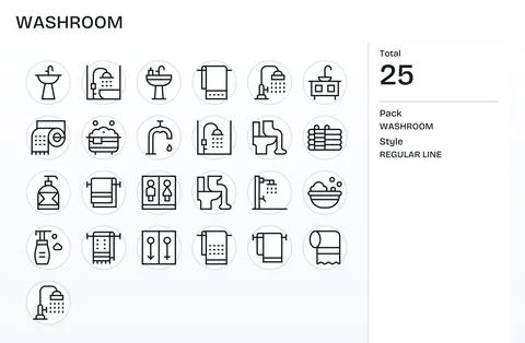 25 Grid Fitted Regular Line Vector Icons designed for Washroom Interface Illustrazione stock