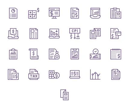 25 Grid Fitted Vector Icons themed around Financial Report in 64x64 Regular.. Stock Illustration