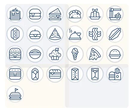 25 Grid Fitted Vector Icons themed around Tasty in 256x256 Regular Line forma Illustrazione stock