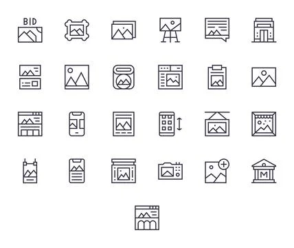 25 High Resolution Regular Line Vector Icons optimized for Gallery Pixel Al.. Stock Illustration