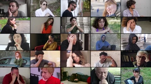 25 Individuals in Multiscreen, Showing Inner Pain, Sorrow, and Emotional Strain 스톡 동영상 293330627