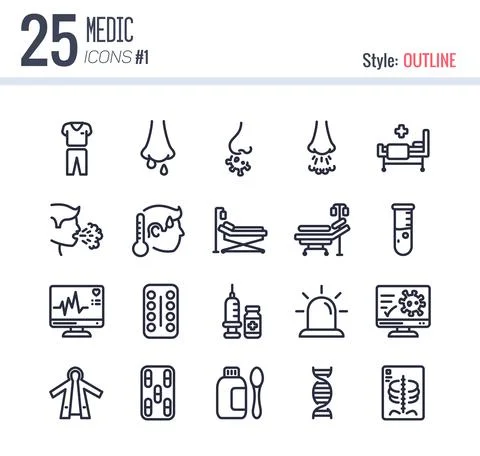 25 Medic Icon Pack #1 style outline, Outline Lineal Medic Icon Stock Illustration