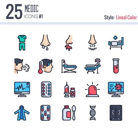 25 Medic Icon Pack #1 Style Lineal-Color, lineal color medic icon Stock Illustration