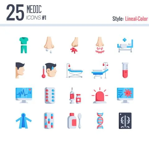 25 Medic Icon Pack #1 style flat, Flat icon color Stock Illustration