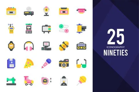 25 Nineties Flat icons pack. vector illustration. Stock Illustration