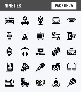 25 Nineties Glyph icons pack. vector illustration. Stock Illustration