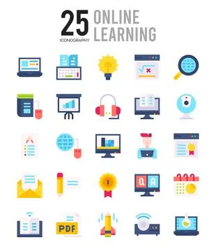 25 Online Learning Flat icon pack. vector illustration. Stockillustratie