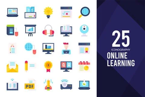 25 Online Learning Flat icon pack. vector illustration. Stock Illustration