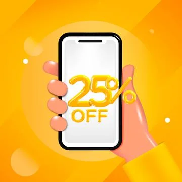 25 or Twenty five percent off design. Hand holding a mobile phone with offer Stock Illustration