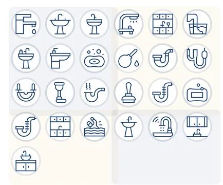 25 Pixel Optimized 128x128 Vector Icons for Sink in elegant Regular Line desi Stock Illustration
