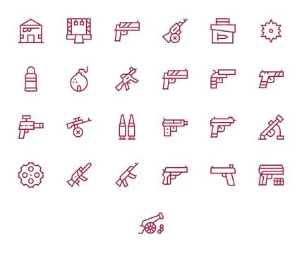 25 Pixel Optimized Vector Icons themed around Firearm in 64x64 Regular Line.. Stock Illustration
